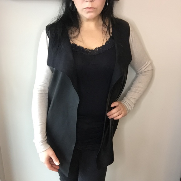 Zara Knit colour blocked faux leather and tan waterfall cardigan - Sz M - Picture 5 of 8